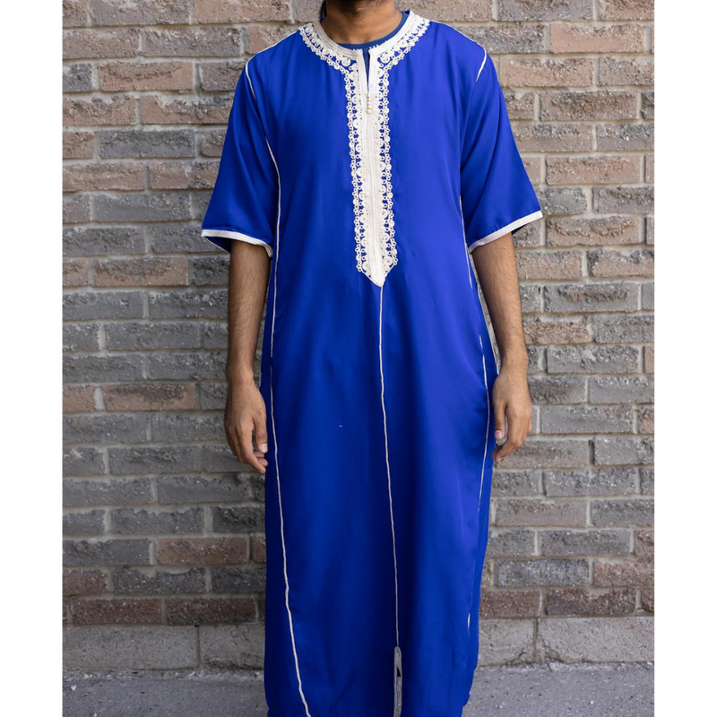 Moroccan Hand Embroidered Short Sleeve Thobe Royal Blue