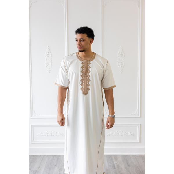M12S - Moroccan Short Sleeve Thobe (Cream White With Golden Brown Embroidery)