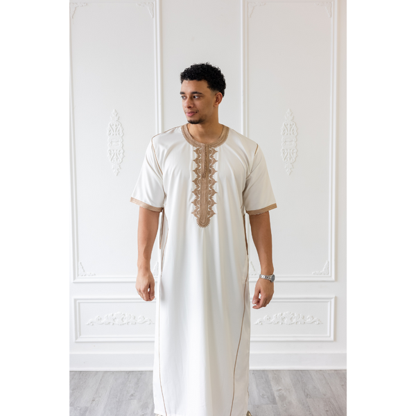 Moroccan Short Sleeve Thobe White With Golden Brown Embroidery