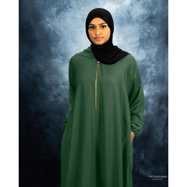 Evergreen Golden Zipper Plain Abaya with Pockets for Breastfeeding