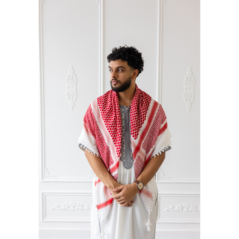 Scarlet Red and White Imamah/Shemagh/Keffiyyah Arab Men's Scarf
