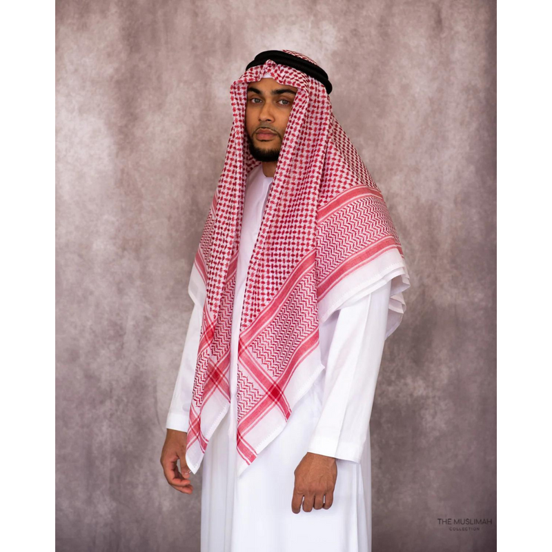 Premium Saudi Style Red and White Imamah/Shemagh/Keffiyyah Arab Men's Scarf