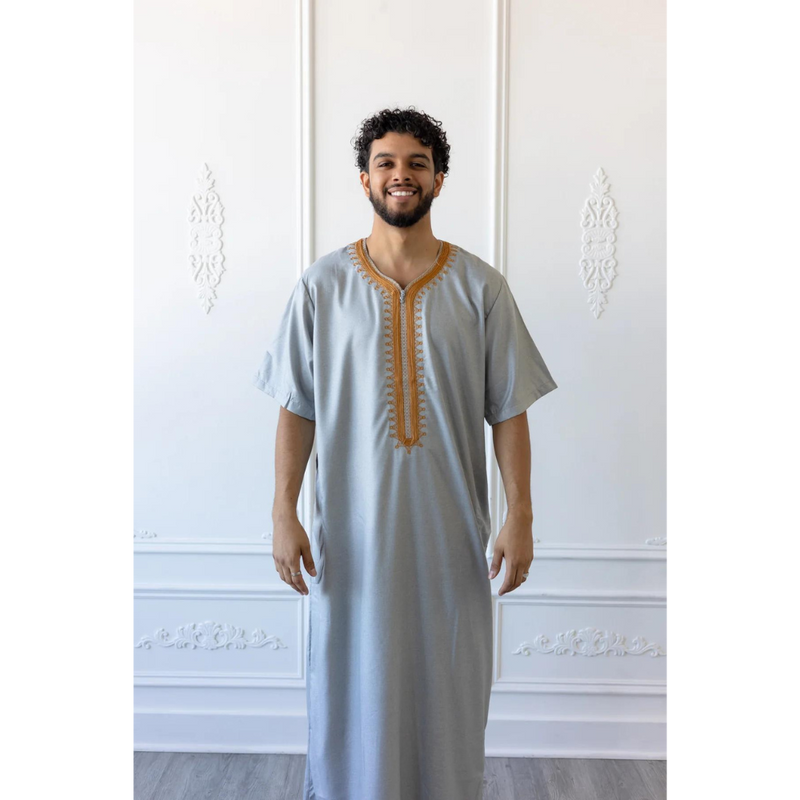 Moroccan Short Sleeve Thobe Wolf Grey with Copper Embroidery