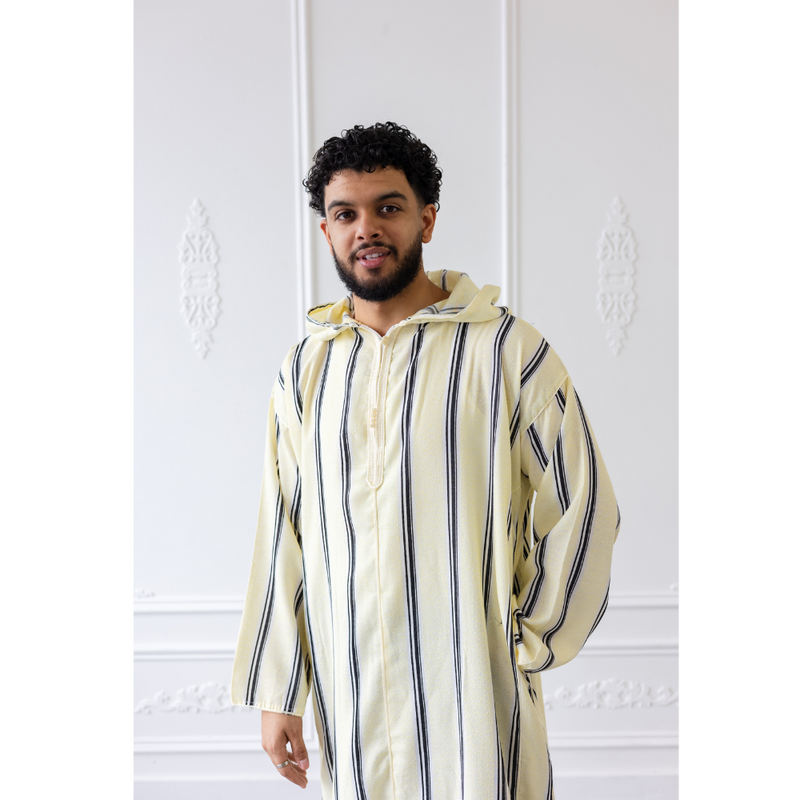 Moroccan Hoodie Thobe Buttercream with Navy Stripes