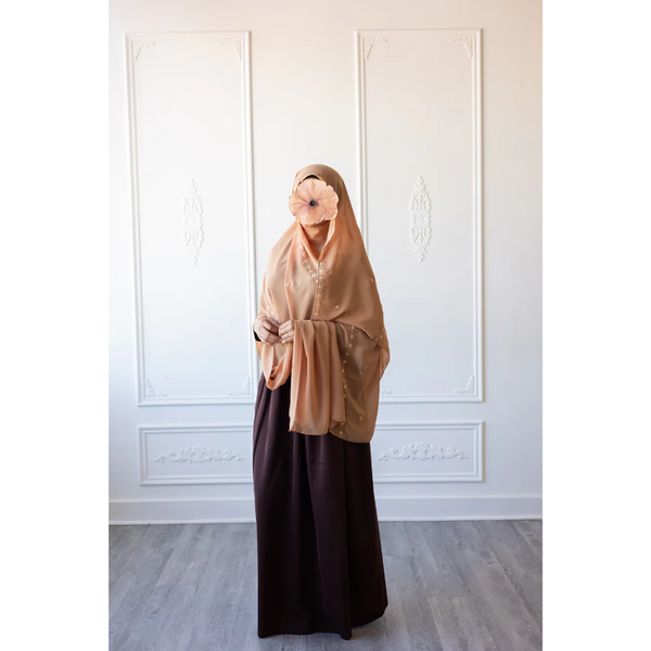 Floral Embroidered Chiffon Hijab Hand Work - Apricot