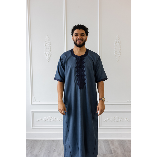 Moroccan Short Sleeve Thobe Aegean Blue With Navy Embroidery