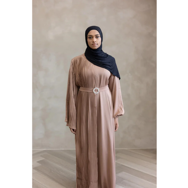 Sale Sawda Pleated Abaya with Stone Belt - Camel Brown