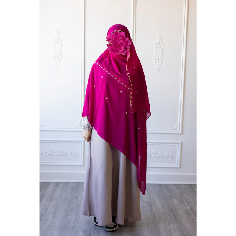 Floral Embroidered Chiffon Hijab Hand Work - Fuchsia