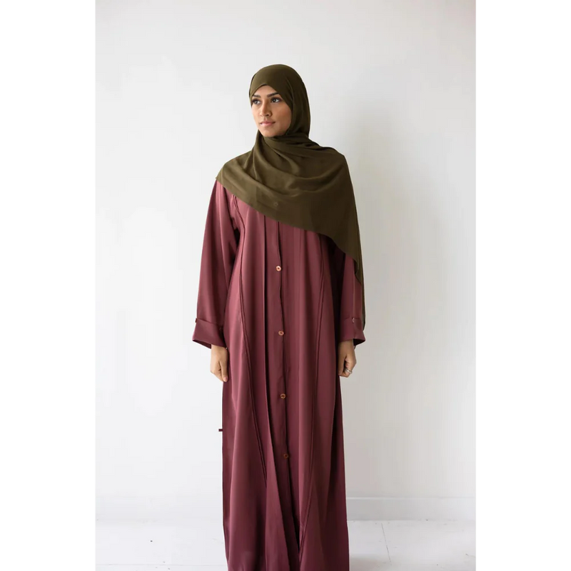 Crease Detail Button Abaya with Wide Sleeves -  Rouge