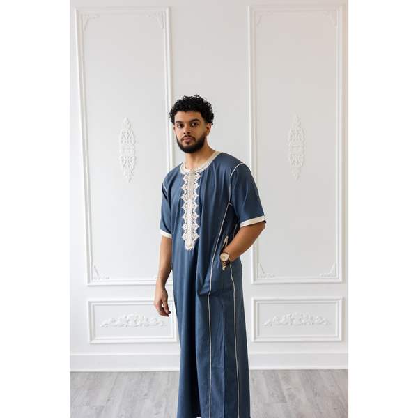 Moroccan Short Sleeve Thobe Deep Navy With Cream Embroidery
