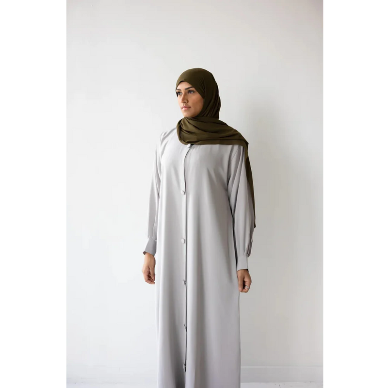Button Front Abaya with Pleated Bishop Sleeves  - (Seize the Grey) - 72