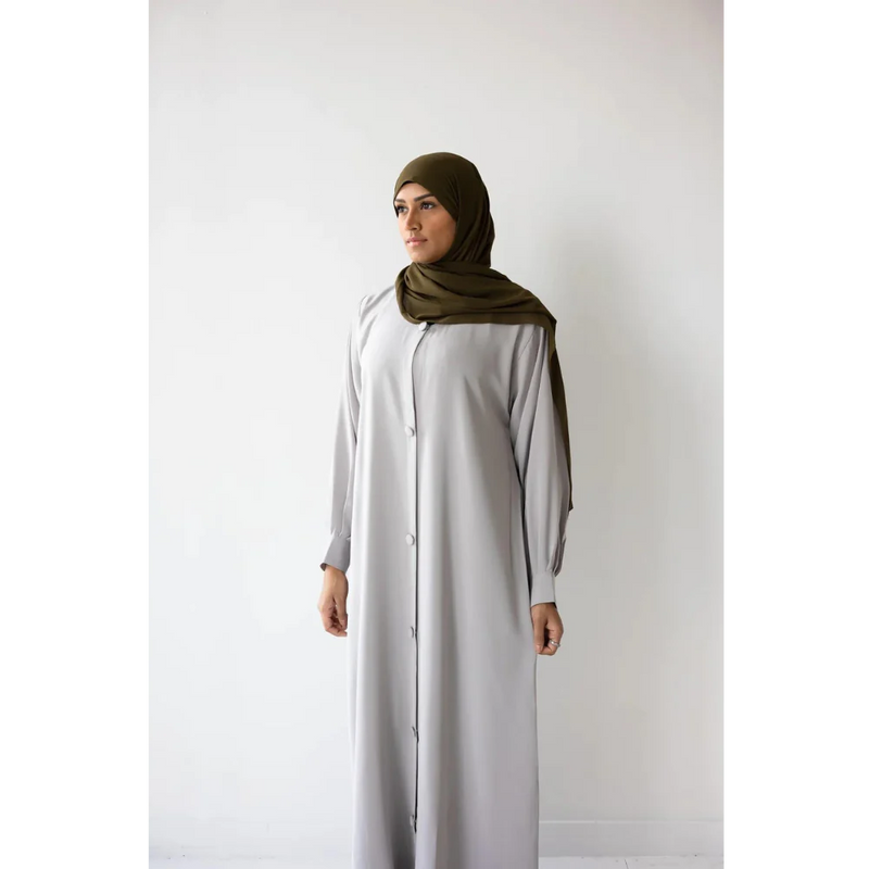 Button Front Abaya with Pleated Bishop Sleeves  - Seize the Grey