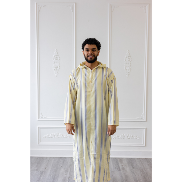 Moroccan Hoodie Thobe Daffodil Yellow With Blue Stripes