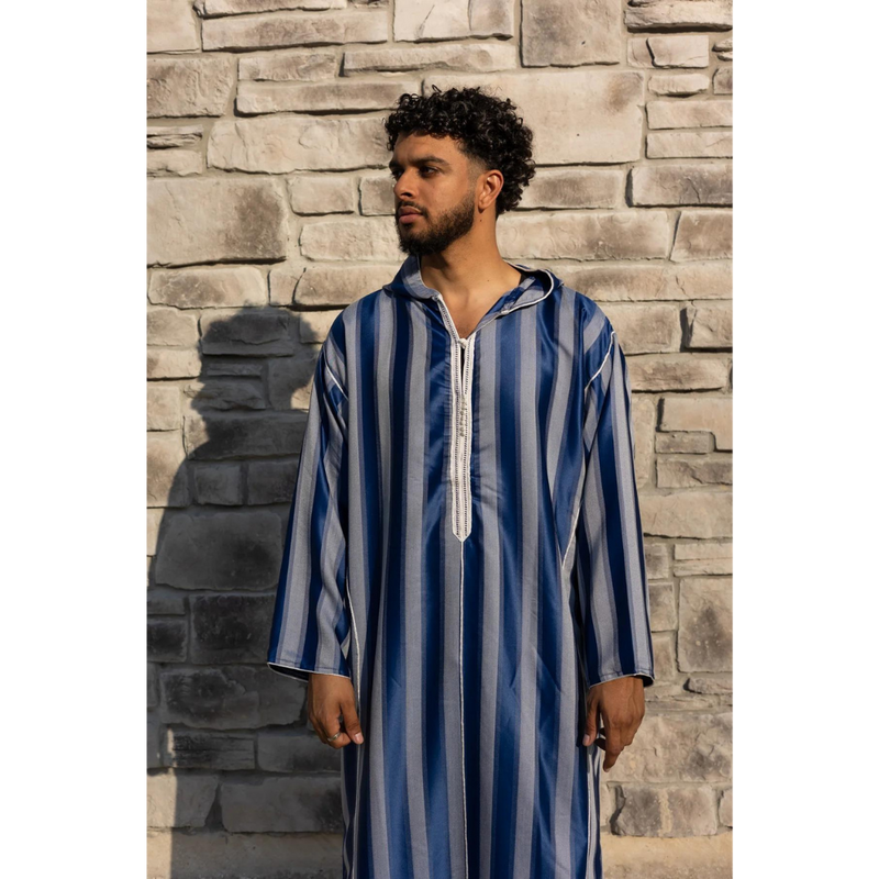 Moroccan Striped Style Hoodie Thobe - Smoky Sapphire