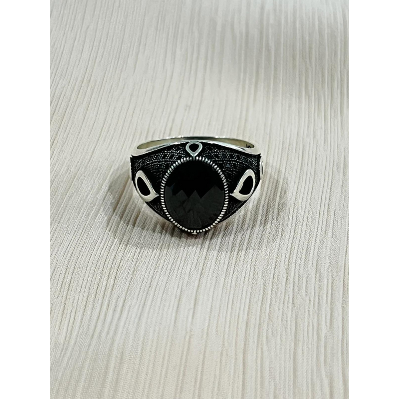 Teardrop Obsidian Sterling Silver Mens Islamic Ottoman Ring