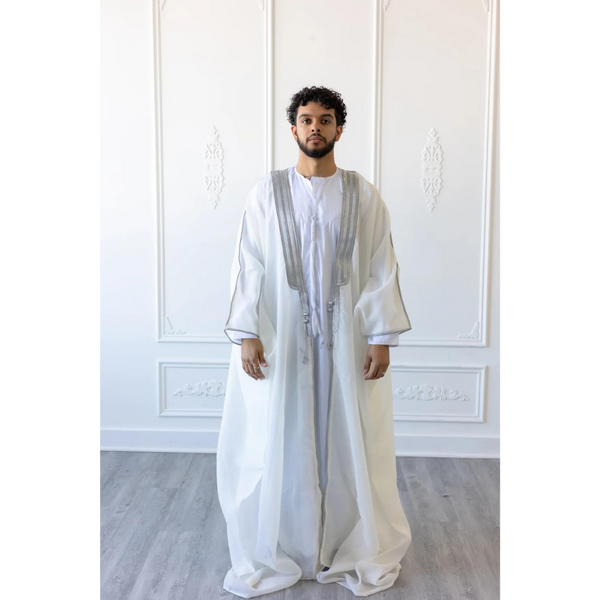 Embroidered Thobe Overcoat Arab Bisht Cloak Pure White on Silver