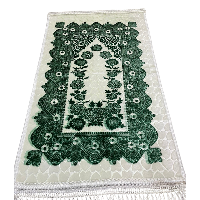 Plush Green & White Floral and Oriental Design Prayer Mat