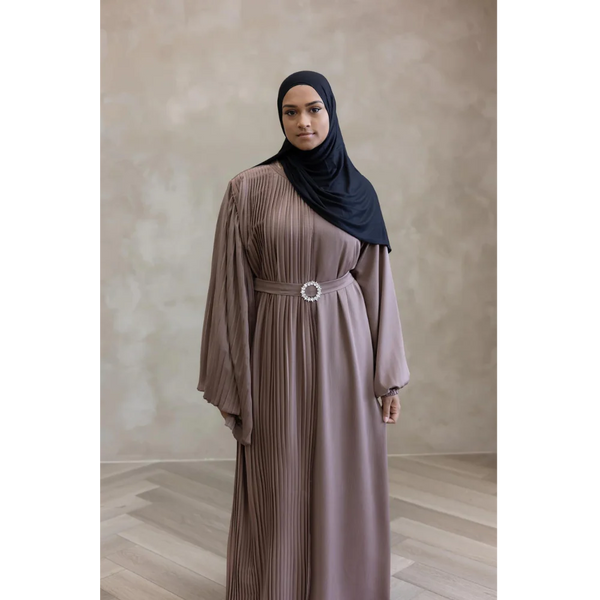 Sale Sawda Pleated Abaya with Stone Belt - Truffle