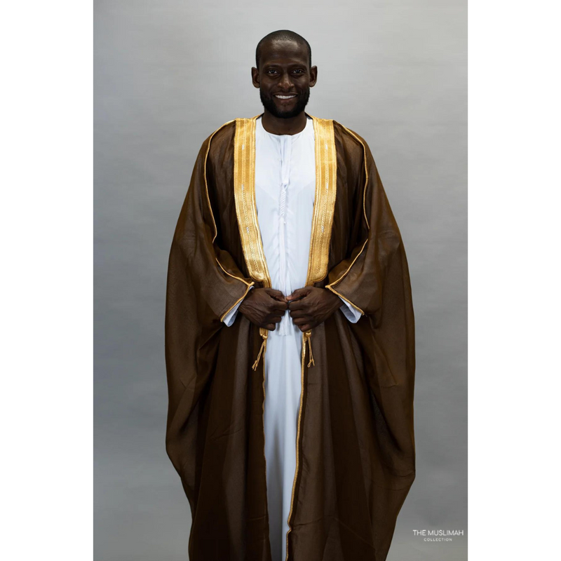 Embroidered Thobe Overcoat Arab Bisht Cloak Coffee Brown