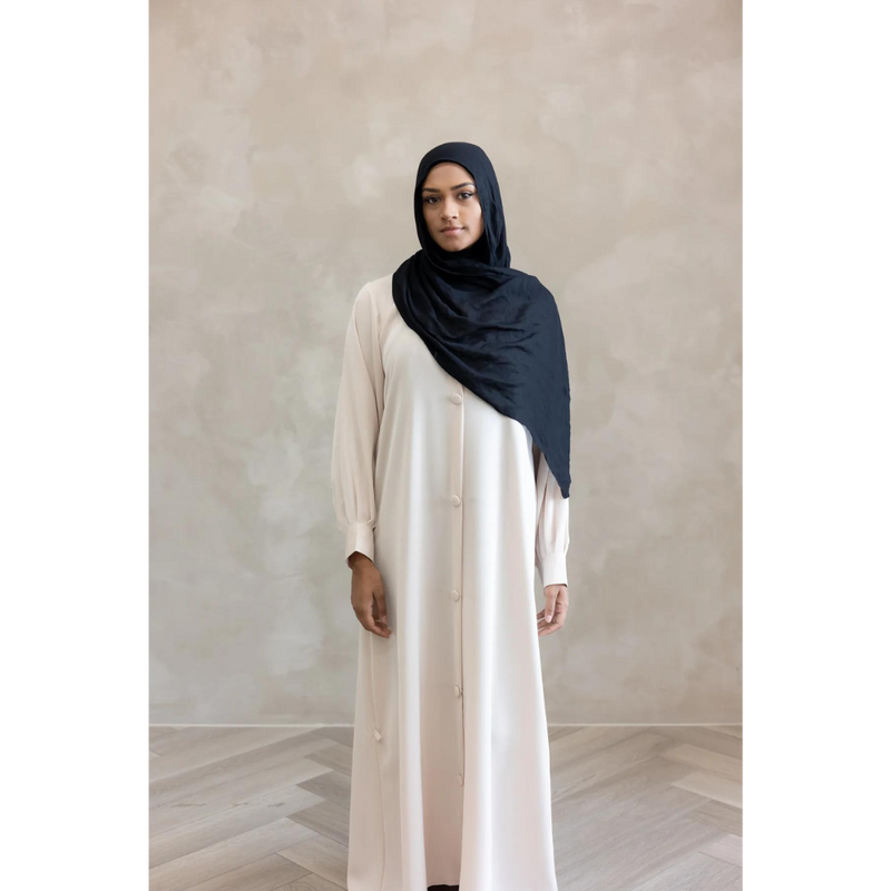 Button Front Abaya with Pleated Bishop Sleeves  - Sahara Nude