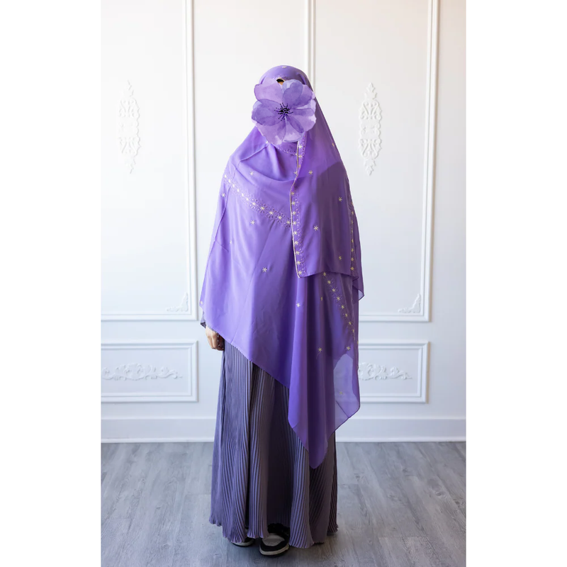 Floral Embroidered Chiffon Hijab Hand Work - Orchid purple