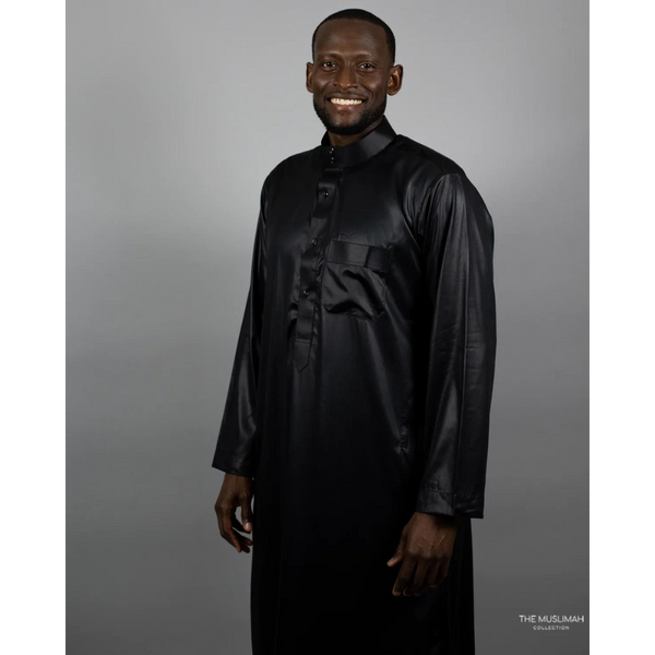 Saudi Collar Thobe Jubbah - Pure Black