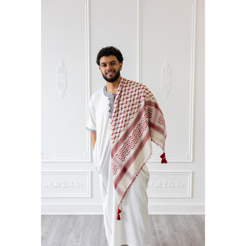 Ruby Red and White Imamah/Shemagh/Keffiyyah Arab Men's Scarf