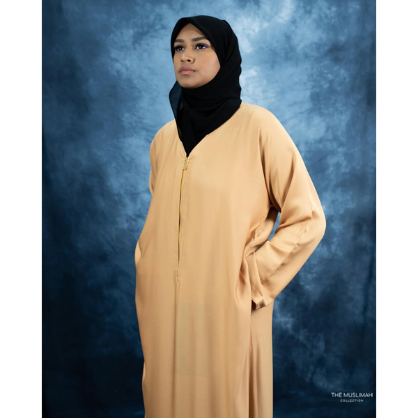 Golden Zipper Abaya with Matching Pockets - Latte (C45)