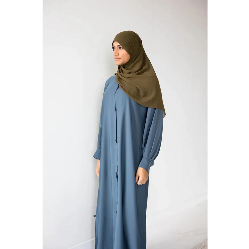 Button Front Abaya with Pleated Bishop Sleeves  - Midsummer Blue