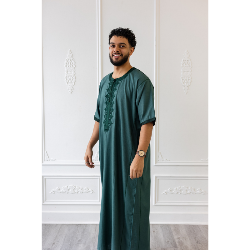 Moroccan Short Sleeve Thobe Pine Green With Dark Green Embroidery