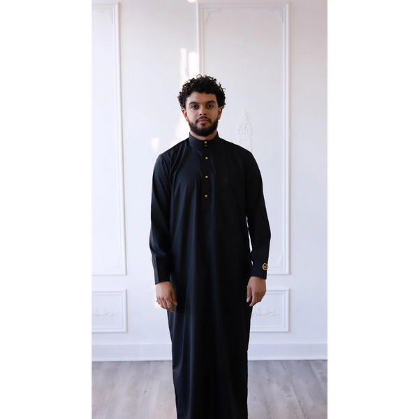 MC Collection - Saudi Collared Thobe with Round Golden Buttons (Black)