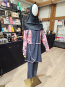 Charcoal & Pink Leaf Print Modest Burkini Set