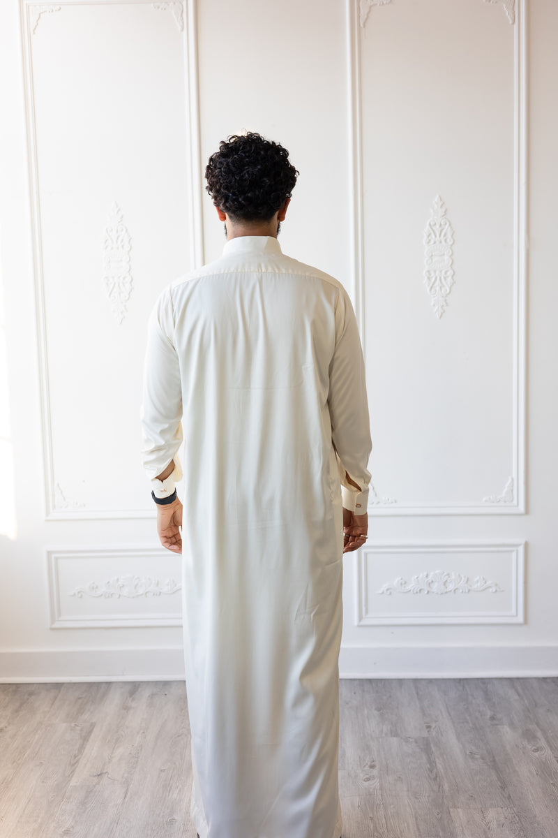 Omar Collection - Saudi Collar Thobe with Golden Buttons - Cream (B36)