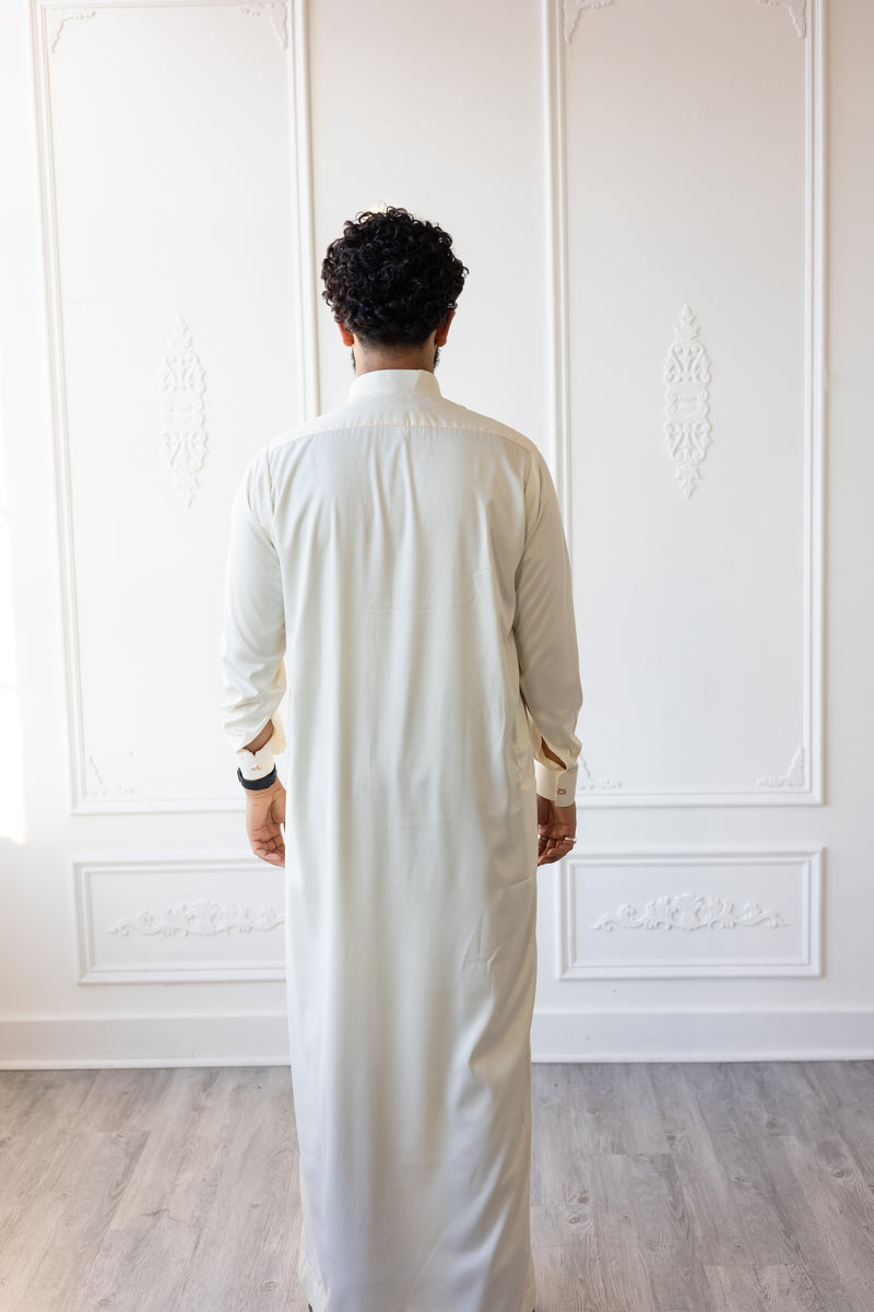 Omar Collection - Saudi Collar Thobe with Golden Buttons - Cream