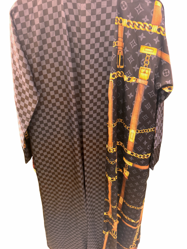 CLEARANCE SALE Black Checkered Kimono Open Abaya Satin Silk