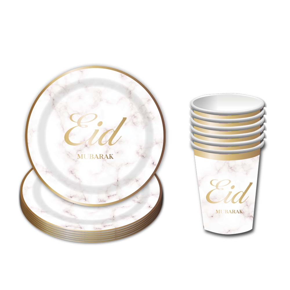 Eid Mubarak Cups and Plates White Marble