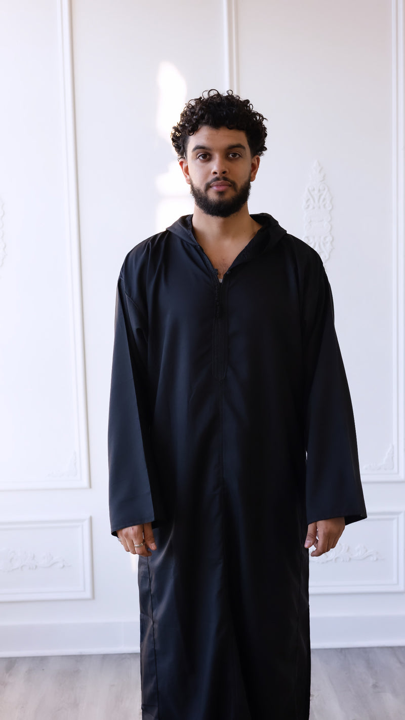 Moroccan Hand Stitched Hoodie Thobe Pitch Black