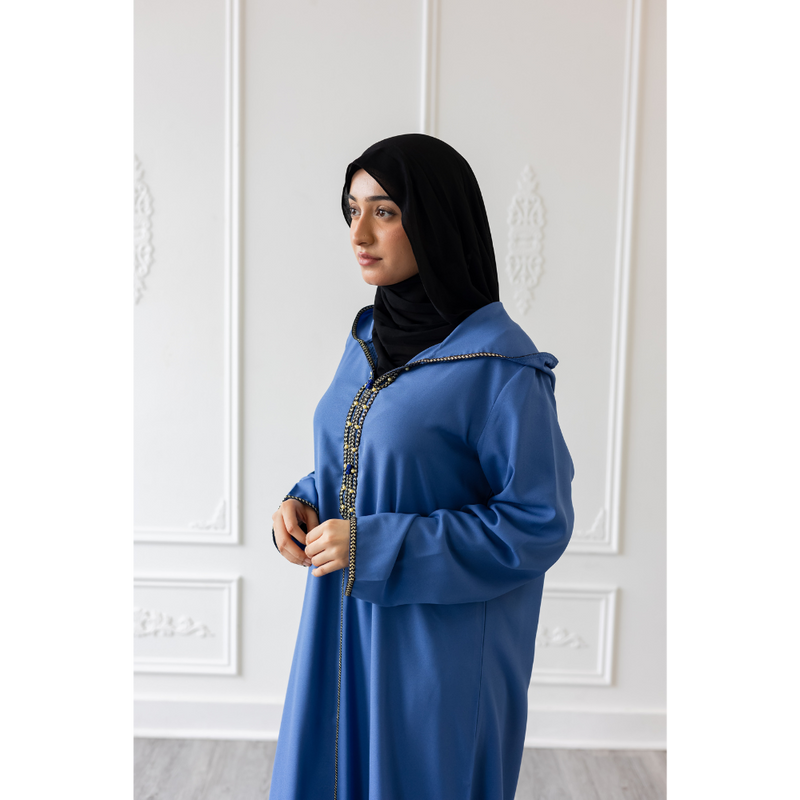 Moroccan Abaya Cornflower Blue With Yellow Embroidery