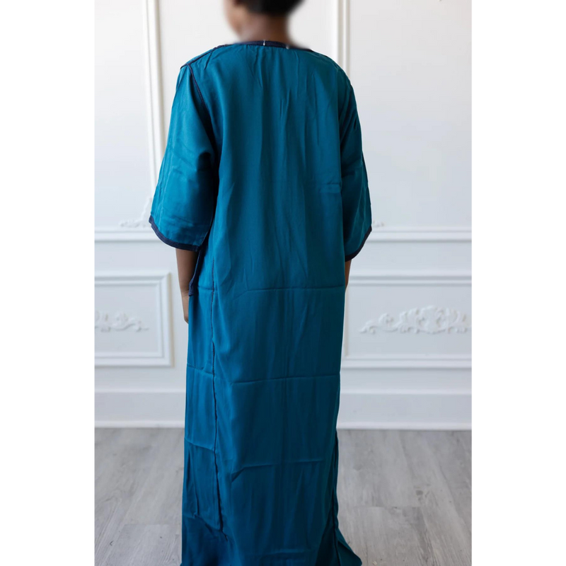 Moroccan Short Sleeve Kids-Boys Thobe (Turquoise with Top Down Embroidery)