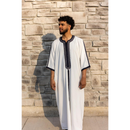 Moroccan 3/4 Sleeve Thobe (White with Navy Embroidery)
