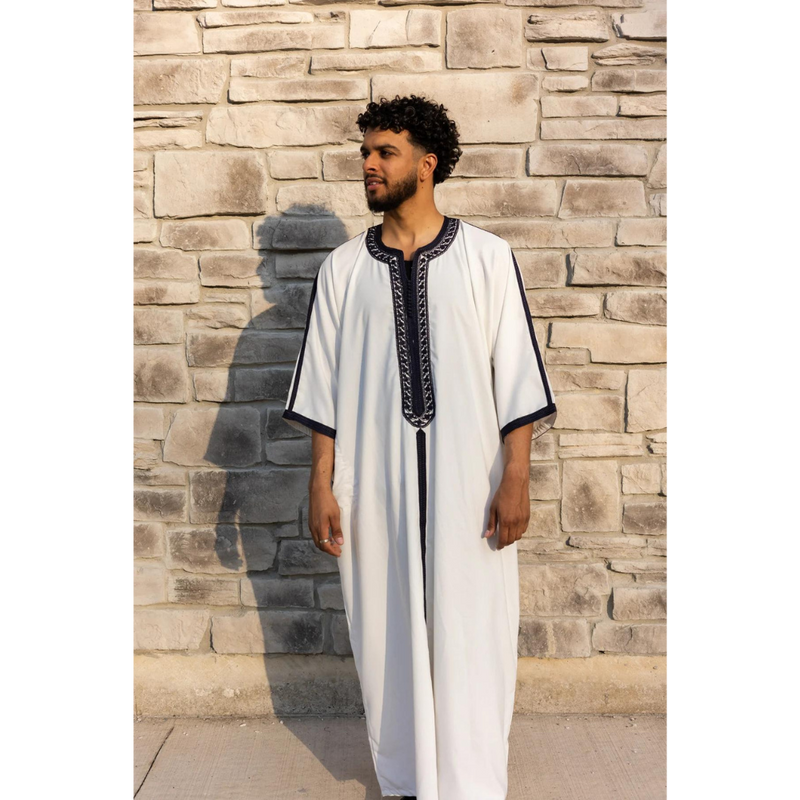 Moroccan 3/4 Sleeve Thobe (White with Navy Embroidery)