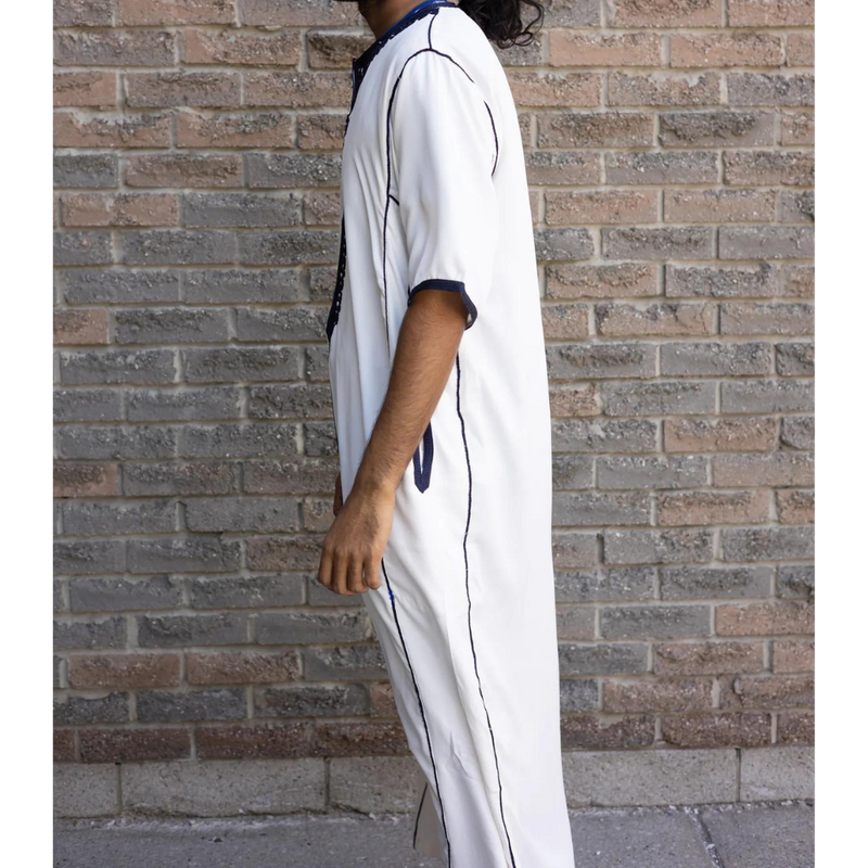 Moroccan Short Sleeve Thobe (White and Navy)
