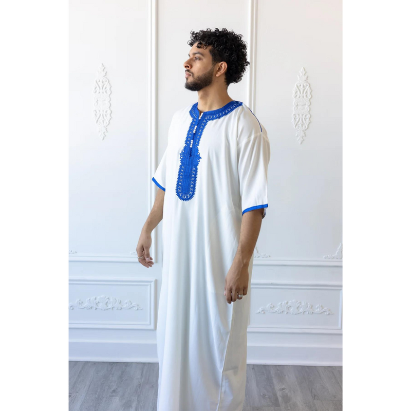 Jalabiya Moroccan Thobe Pure White with Blue Embroidery