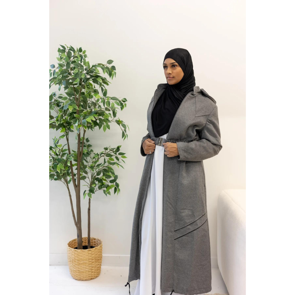 SALE Outerwear Floor Length Longline Belted Modest Abaya Trench Coat 46 Grey