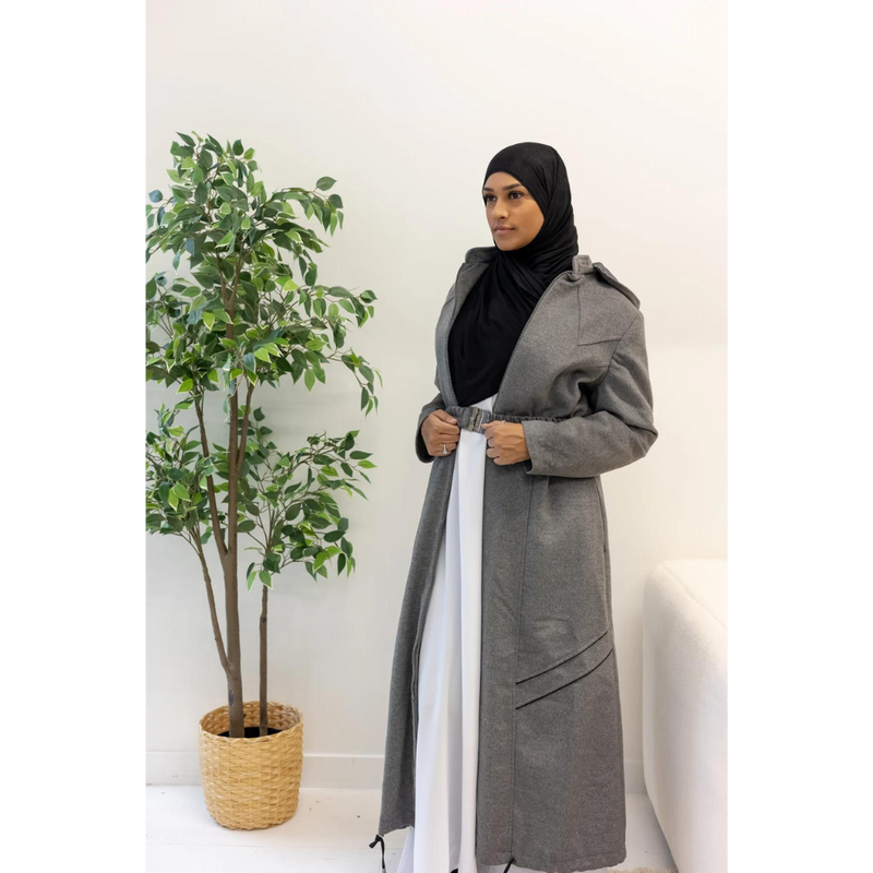 SALE Outerwear Floor Length Longline Belted Modest Abaya Trench Coat 46 Grey