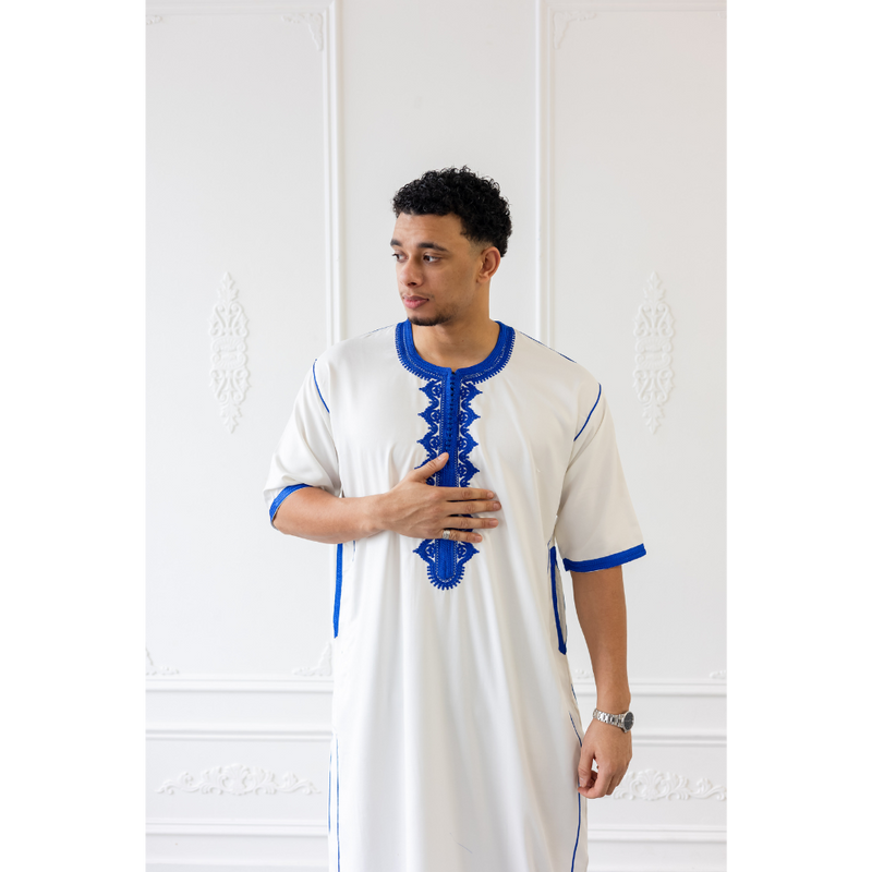 M12S - Moroccan Short Sleeve Thobe (White With Blue Embroidery)