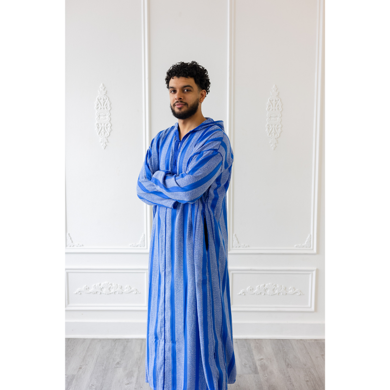 Moroccan Hoodie Thobe Electric Blue With Blue Stripes