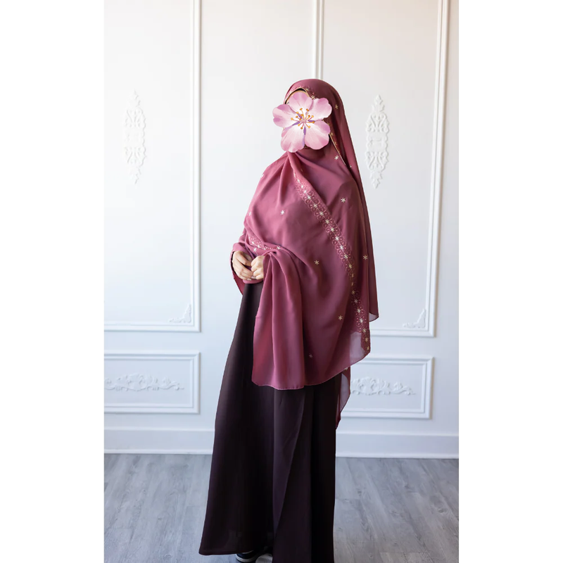 Floral Embroidered Chiffon Hijab Hand Work - Raspberry Sorbet