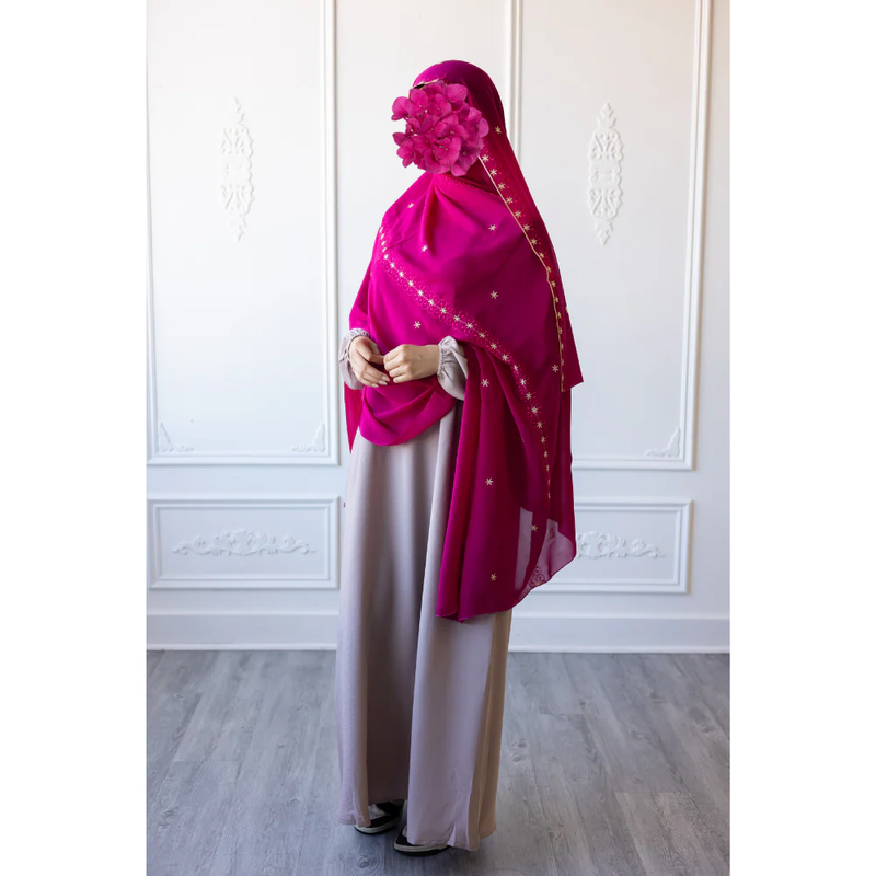 Floral Embroidered Chiffon Hijab Hand Work - Fuchsia