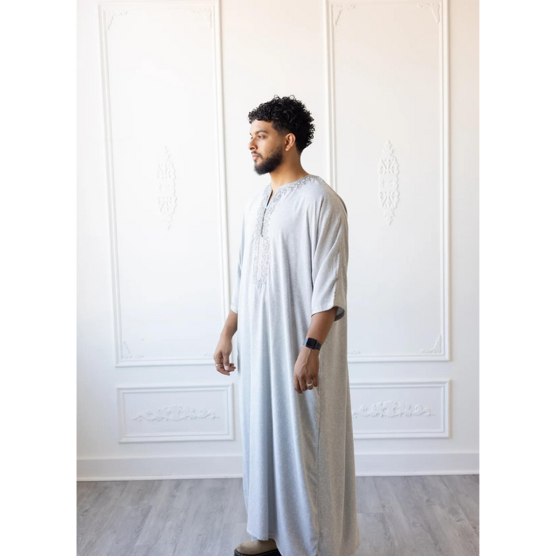 Moroccan 3/4 Sleeve Thobe (Platinum)(C79)